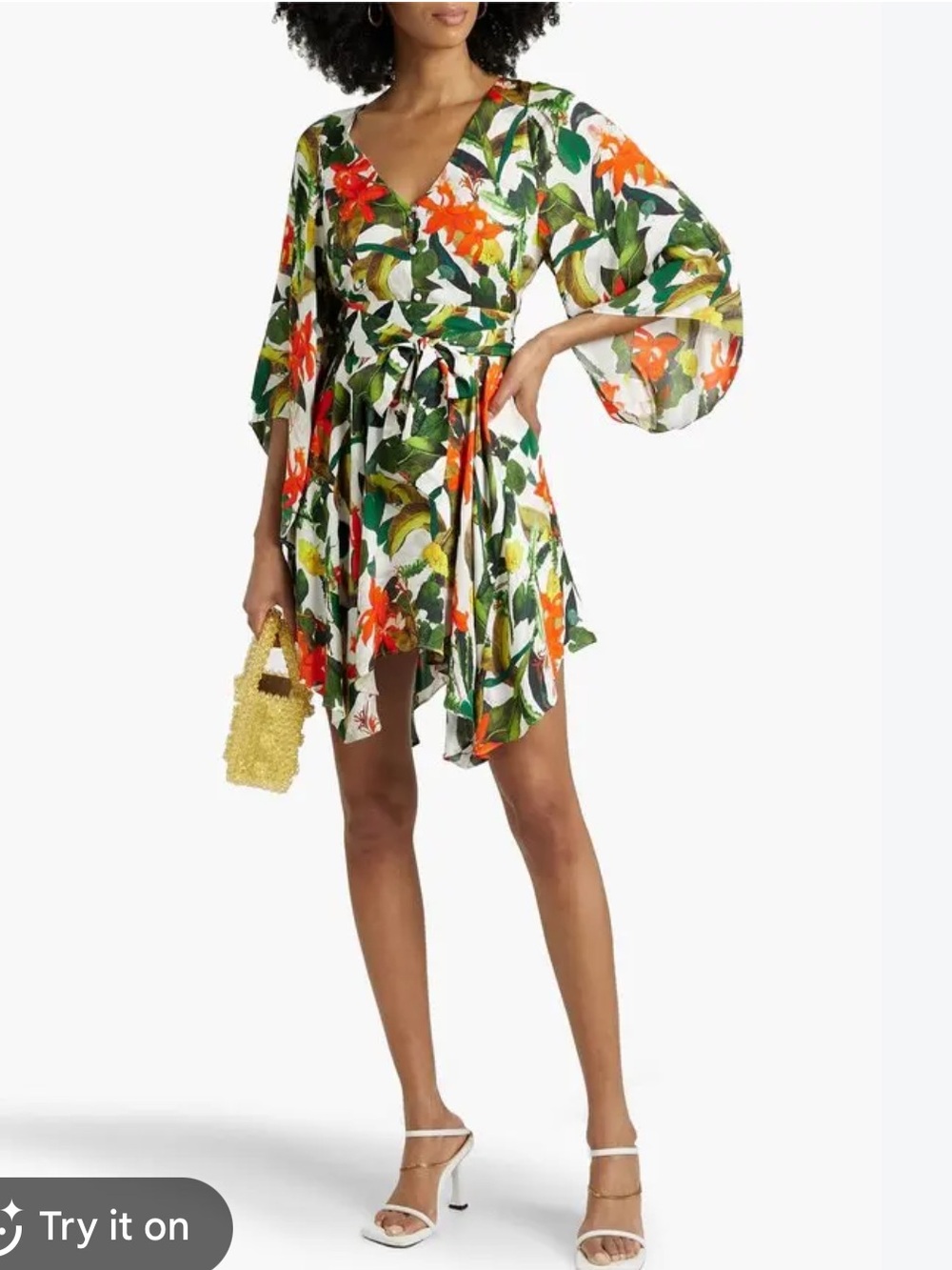 Alice + Olivia Marva Leaf Green & Orange Floral Wrap Mini Dress | 6